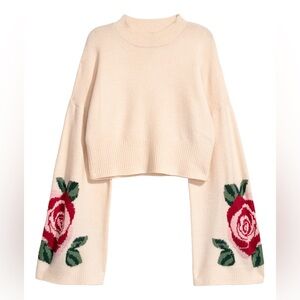 H&M Cream Cropped Turtleneck Sweater with Red Rose Motif